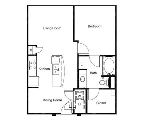 Floor plan for 1 bed, 1 bath, 753 sqft